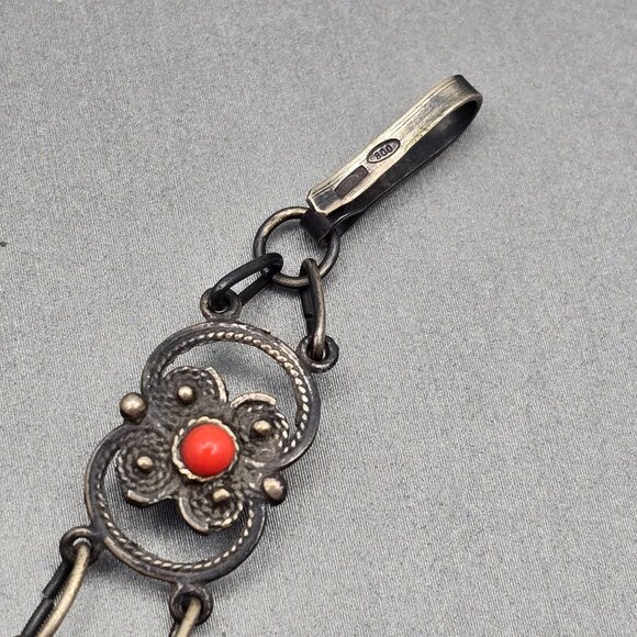 Antique 800 Silver Floral Link Bracelet 7.25" Red Coral Accents *48 DA Hallmark - Picture 5 of 15